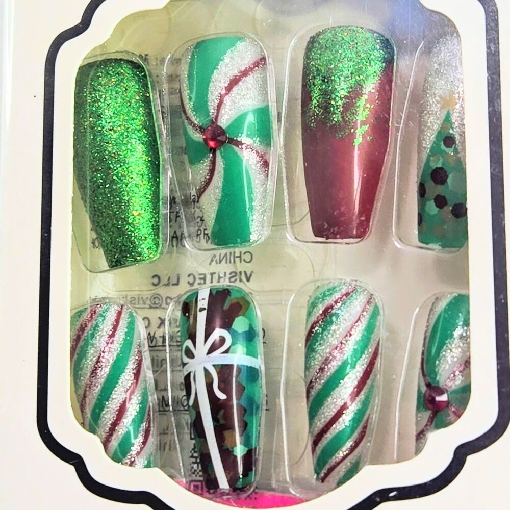 PRESS-ON NAILS Professional False Nail 24 Coffin/Ballerina Shape Christmas NEW